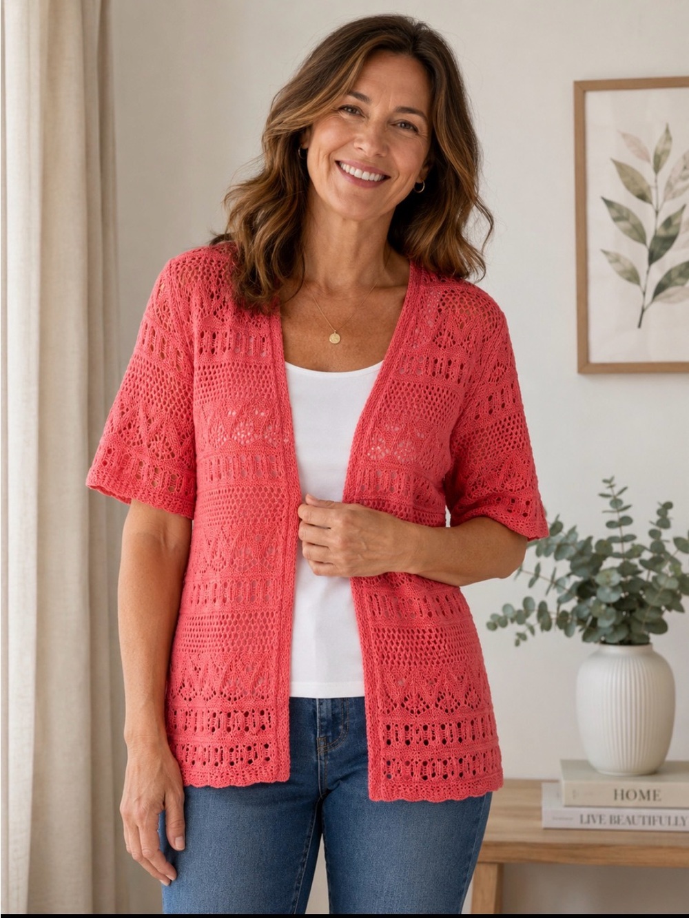Christopher & Banks Coral Open-Knit Short-Sleeve Cardigan